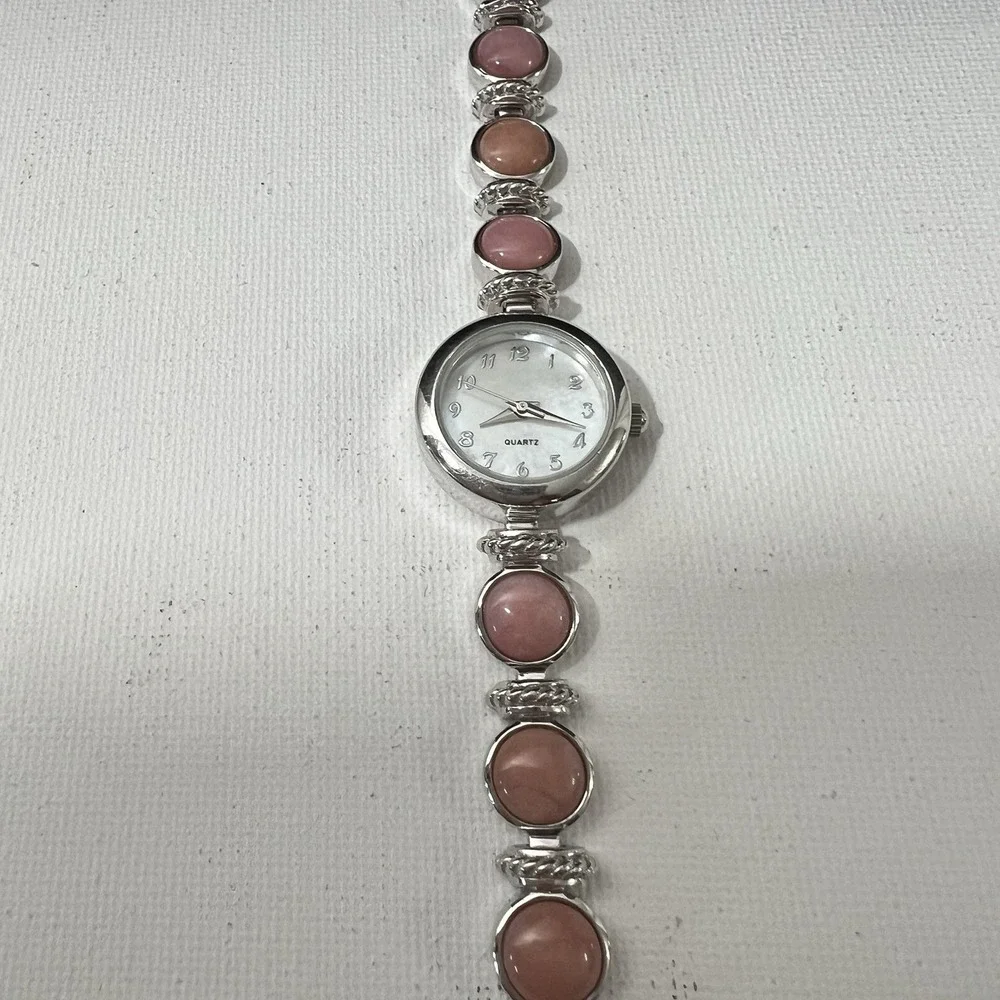 CLASSIC‎ VINTAGE STERLING SILVER CORAL COLOR QUARTZ WATCH 7.25